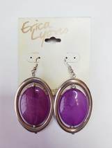 Erica Lyons Silver Tone French Wire Dangle Earrings Silver Oval W Purple Spinner - £11.45 GBP
