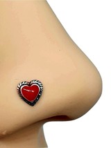 Heart Nose Stud Red Enamel Bali Indian 22g (0.6mm) 925 Sterling Silver Ball End  - £5.87 GBP