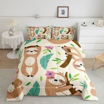 Cute Sloth Comforter Set Kawaii Animal Bedding Set Tropical Palm Leaf Comforter  - £64.05 GBP