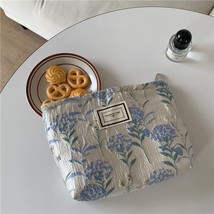 Cream Color Blue Flower Makeup Case Pouch Canvas Large Capacity Hand Storage Bag - £42.90 GBP