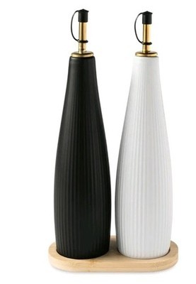 THYME & TABLE ~ Three (3) Piece Stoneware Oil & Vinegar Cruet Set Ribbed Design Item image 4