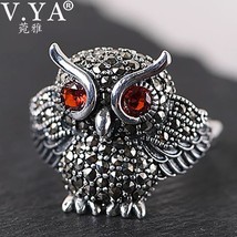 V.YA 925 Silver Owl Ring Jewelry Fashion Marcasite Stone Red Zircon Silver Rings - £24.73 GBP