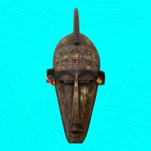 African Wood Black Carved Mask With Decorative Metal Bands Human Face 14” Vtg - £26.38 GBP