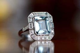 1.60Ct Emerald Cut Aquamarine Halo Engagement Wedding Ring 14K White Gold Finish - £66.80 GBP