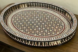 Antique Handmade Serving wood Tray inlaid Mother of Pearl (20&quot;x14.8&quot;) - £314.76 GBP