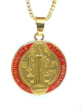 Saint Benedict Necklace Pendant Red Enamel Gold Plated Cross 24 Inch Chain - $6.25