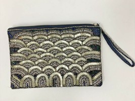 Charming Charlie RSVP Beaded Sequined Wristlet  Black Silver 9-7/8 x 6-3/4&quot; #408 - £15.17 GBP