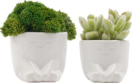 Guichifun Flower Pot Set Of 2 Head Planter - Indoor Ceramic Succulent Planter - £26.36 GBP
