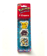 New Sealed Rose Art Pokemon Pencil Erasers 3-Pack Pikachu Gengar Blastoi... - $24.74
