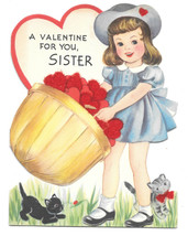 Vintage Valentines Day Girl With Basket Of Hearts Greeting Card - $14.20