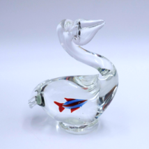 Clear Art Glass Paperweight Pelican w/ Fish in Belly Sculpture Red Blue - £23.18 GBP