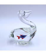 Clear Art Glass Paperweight Pelican w/ Fish in Belly Sculpture Red Blue - $40.72 CAD