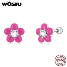 WOSTU 925 Silver Small Lovely Flower Rose Pink Stud Hook Earrings For Women Vale - £18.57 GBP