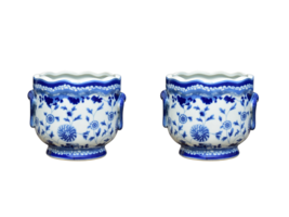 Pair Round Scallop Rim Blue and White Floral Porcelain Pot Cachepot - £116.80 GBP