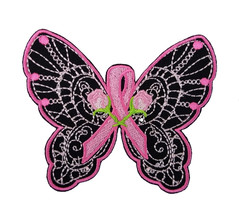 Awareness Ribbon Breast Cancer Butterfly 6 Embroidered Iron On Patch 3.8&quot; x 3.2&quot; - £8.61 GBP