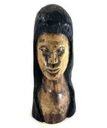Hand Carved Solid Wooden Folk Art Woman&#39;s Bust Long Black Hair 10.5” - $54.63 CAD