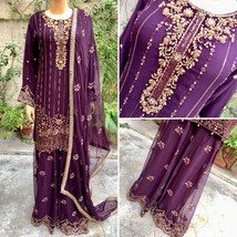 Pakistani Dark Purple Straight Style Embroidered Sequins Chiffon Gharara Dress,X - £101.23 GBP