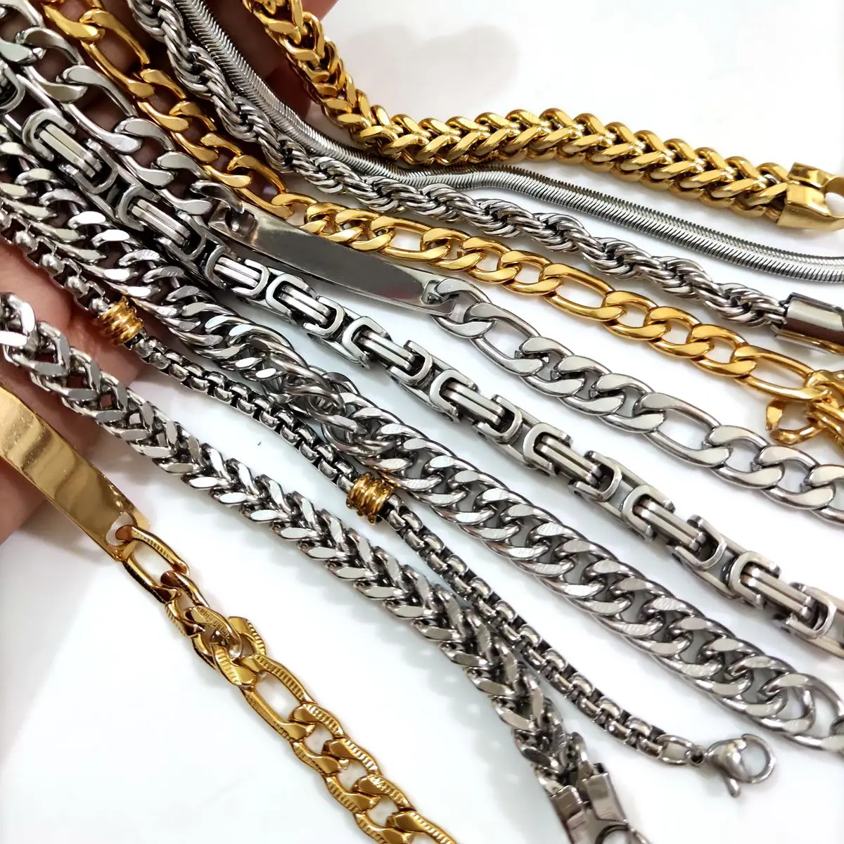 10pcs Men Bracelet Gold Plate Silver Stainless Steel Curb Cuban Link Chain Brace - £43.33 GBP
