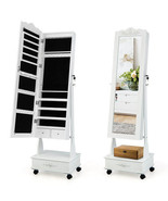 Rolling Floor Standing Mirrored Jewelry Armoire with Lock and Drawers-Wh... - $278.31 CAD