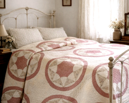 VTG 1920s Feed Sack Quilt Star Pattern Pink White Handmade 98x100 - $695.95