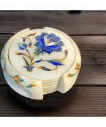 Marble Coaster Set with Lapis Inlay – Semi-Precious Stone Floral Art Lux... - $5,231.13 MXN