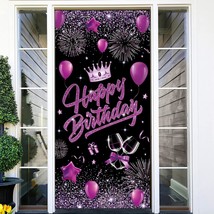 Purple Happy Birthday Door Banner Black Party Decorations For Women Girls Large  - £15.71 GBP
