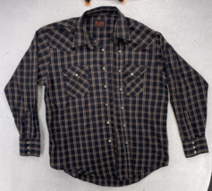 Plains Western Wear Shirt Mens Large Brown Plaid Long Sleeve Pearl Snap - $16.82