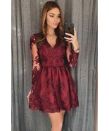 Burgundy Lace Homecoming Dresses, Long Sleeves Short Prom Dress,Cocktail... - $148.00