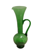 vintage optic emerald green glass vase handle pour spout footed Pitcher 9 3/4&quot; H - $37.40