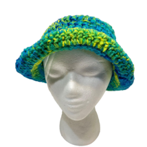 Vintage Handmade Knitted Womens Beanie Bucket Winter Hat Blue Green Yellow - £13.09 GBP