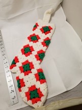 Vintage Hand Crocheted White Green Red Granny Square Christmas Stocking 24” - £14.81 GBP