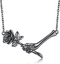 Mothers Day Gift for Mom Wife, Black Skeleton Hand Rose Necklace 925 Sterling Si - £41.26 GBP