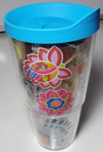 TERVIS 24 Oz Tumbler Colorful Pink/Blue Flowers Blue Lid Keeps Items Hot or Cold - $14.84