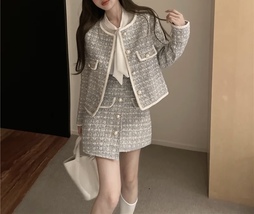 3 Piece Tweed Set Women’s Coat + High Waist Elegant Mini Skirt + Chiffon... - £86.90 GBP