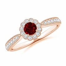 ANGARA Vintage Inspired Ruby Milgrain Ring with Diamond Halo in 14K Gold - £1,131.82 GBP