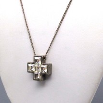 Distressed Crystal Cross Pendant Necklace, Retro Grunge with Square Cut Stones - £20.06 GBP