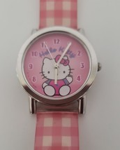 Sanrio Hello Kitty Silver Tone Quartz Analog Women&#39;s Watch Pink Gingham Band - $15.95