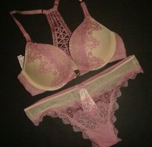 Victoria&#39;s Secret 30B Conjunto Sujetador XS Tanga Beis Rosa Encaje Bordado Dream - £66.46 GBP