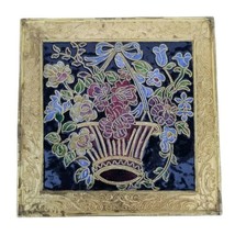 Cloisonné Wall Hanging Square 6 inch Vintage Gold Cobalt Basket Flowers ... - $44.94