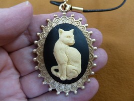 cm185-7 full body Cat kitten kitty ivory black CAMEO brass Pendant 18&quot; necklace - £25.54 GBP