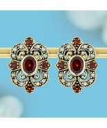 9K Yellow Gold Natural Garnet and Pearl Vintage Style Floral Stud Earrings - $950.00