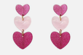 Acrylic Pink Valentine Heart Design Long Dangle Earrings - $9.99