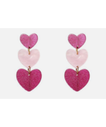 Acrylic Pink Valentine Heart Design Long Dangle Earrings - £7.84 GBP