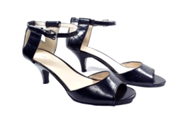 Women Kitten Heels Black Sandal Size 7 NINE WEST Leather Open Toe Kink Perlita - £30.36 GBP