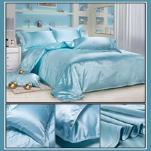 Luxury Ice Blue Mulberry Silk Satin Top Sheet Duvet w/ 2 Pillow Cases 4 Pc Set