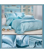 Luxury Ice Blue Mulberry Silk Satin Top Sheet Duvet w/ 2 Pillow Cases 4 ... - £271.74 GBP