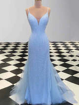 Sheath Spaghetti Straps Light Blue Sequin Prom Dresses - £134.32 GBP