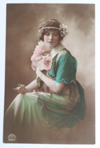 Happy Returns Portrait Young Lady w/ Flowers in Hair Green Dress Postcard c1910s - £11.95 GBP