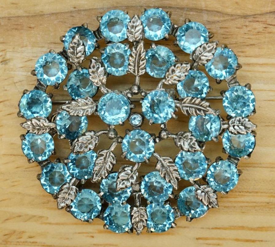 Vintage Rhinestone Costume Jewelry Pale Blue Leaf Cluster Cushion Brooch... - $54.44