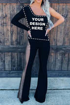 Blank Apparel - Black One-shoulder Gem Rhinestone Accent Flare Bottom Jumpsuit - £27.25 GBP+